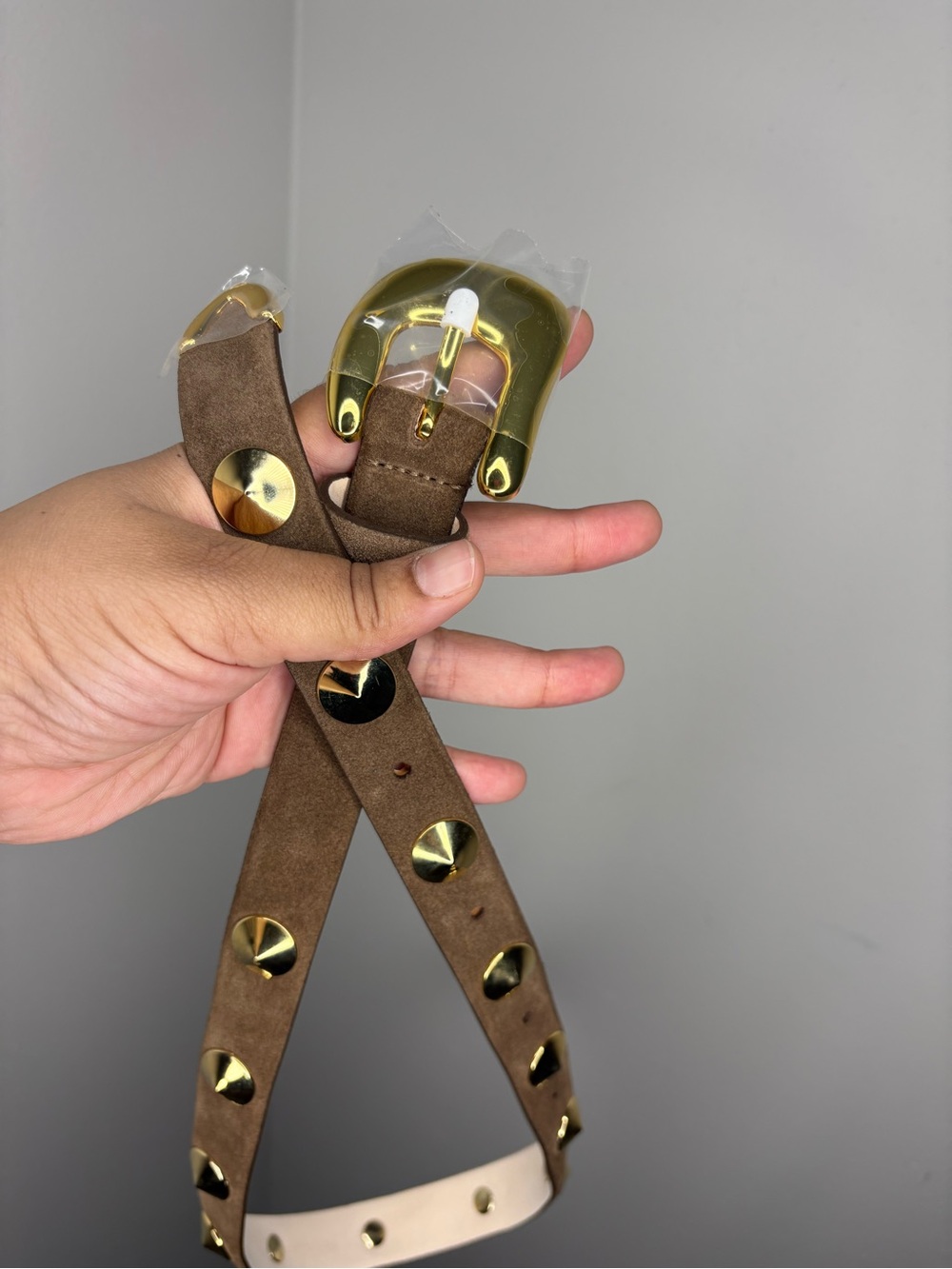AUREUM Brown Suede Studded Belt with Gold Buckle